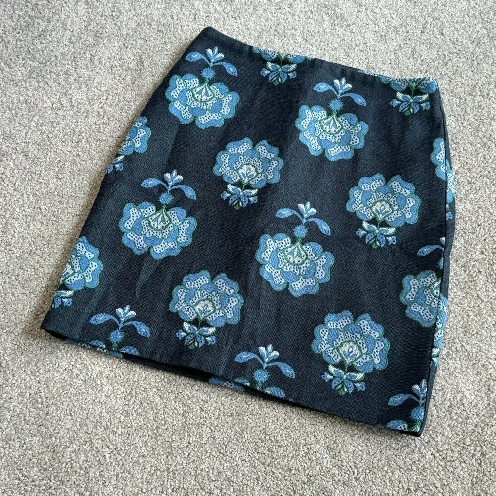 - LOFT Brocade Short Skirt Floral Print Blue Teal Office US Zero     - I2093